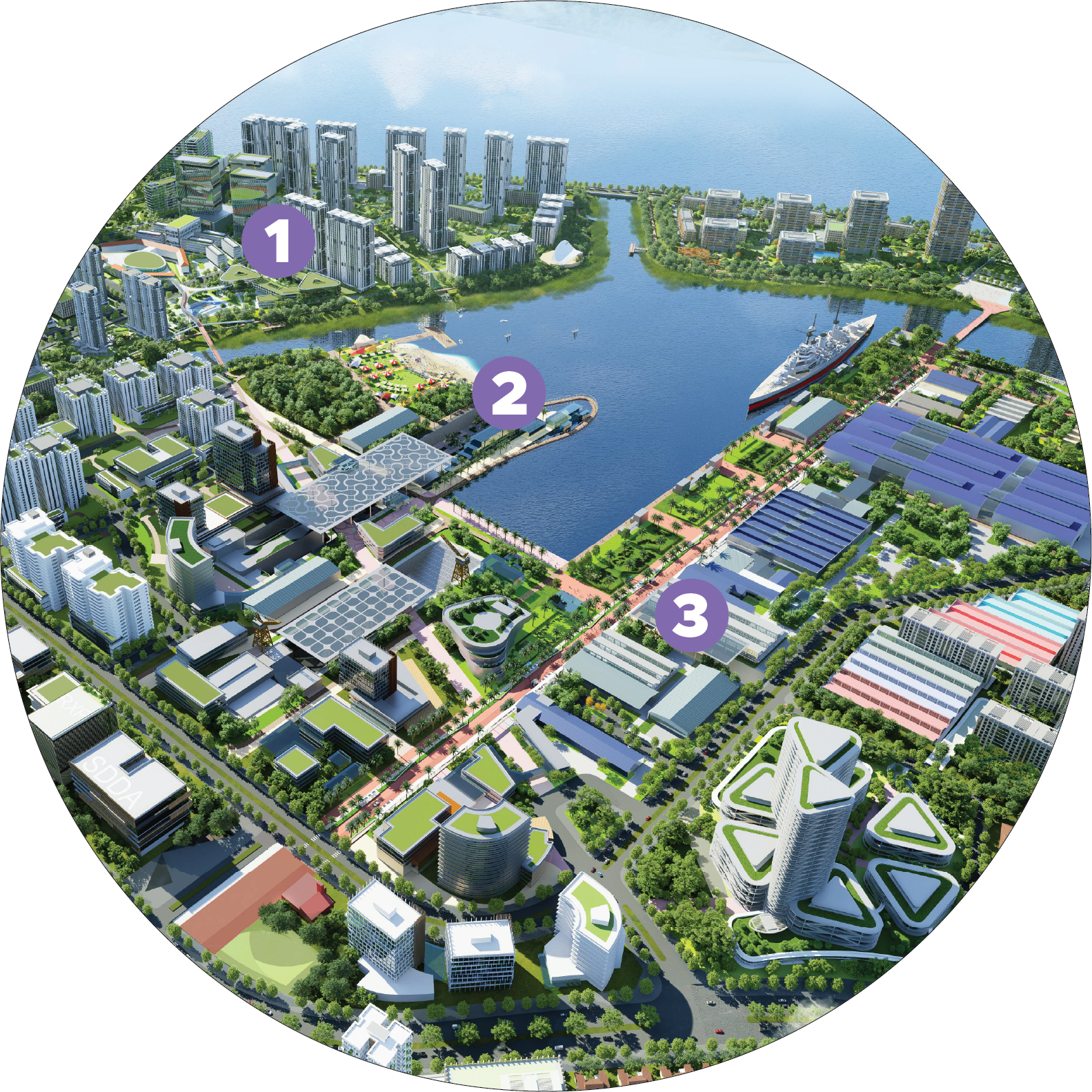 Aerial view of a city plan with waterfront, green spaces, and labeled zones.